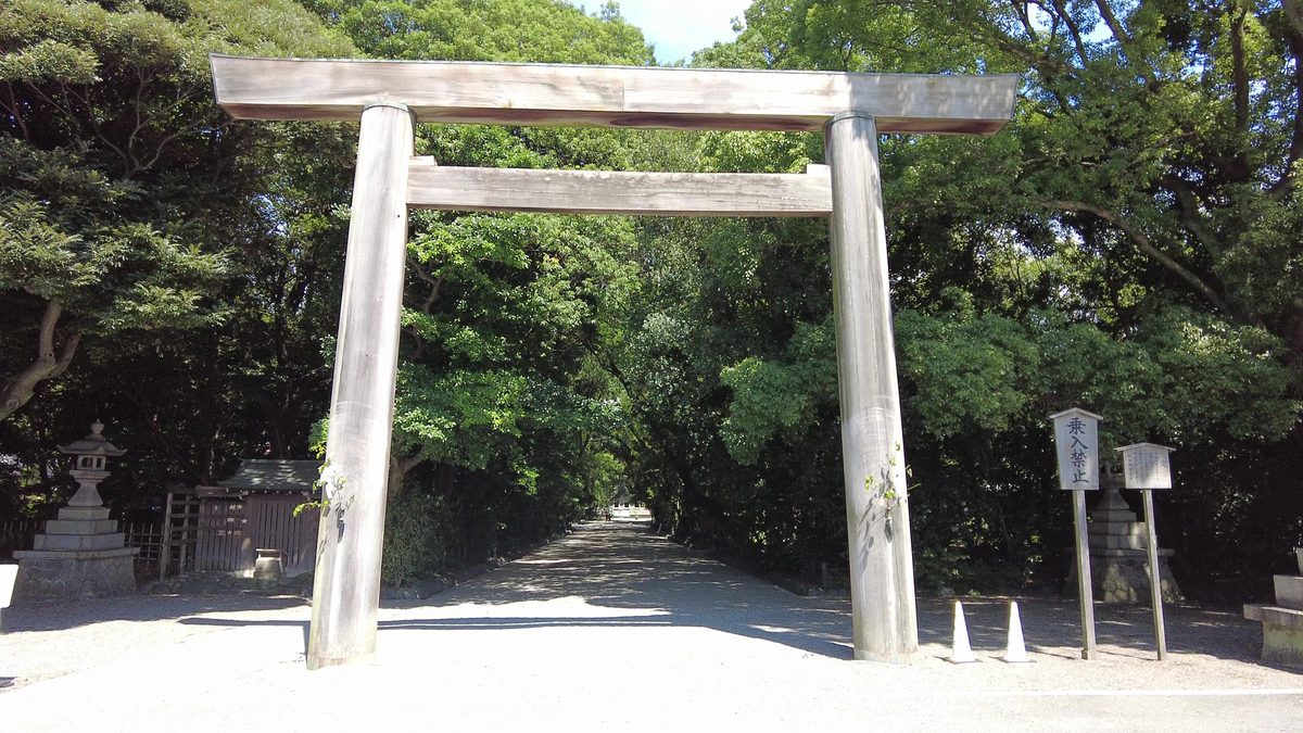 A wooden torii gate opening onto a quiet, tree-lined gravel path into the forest.
