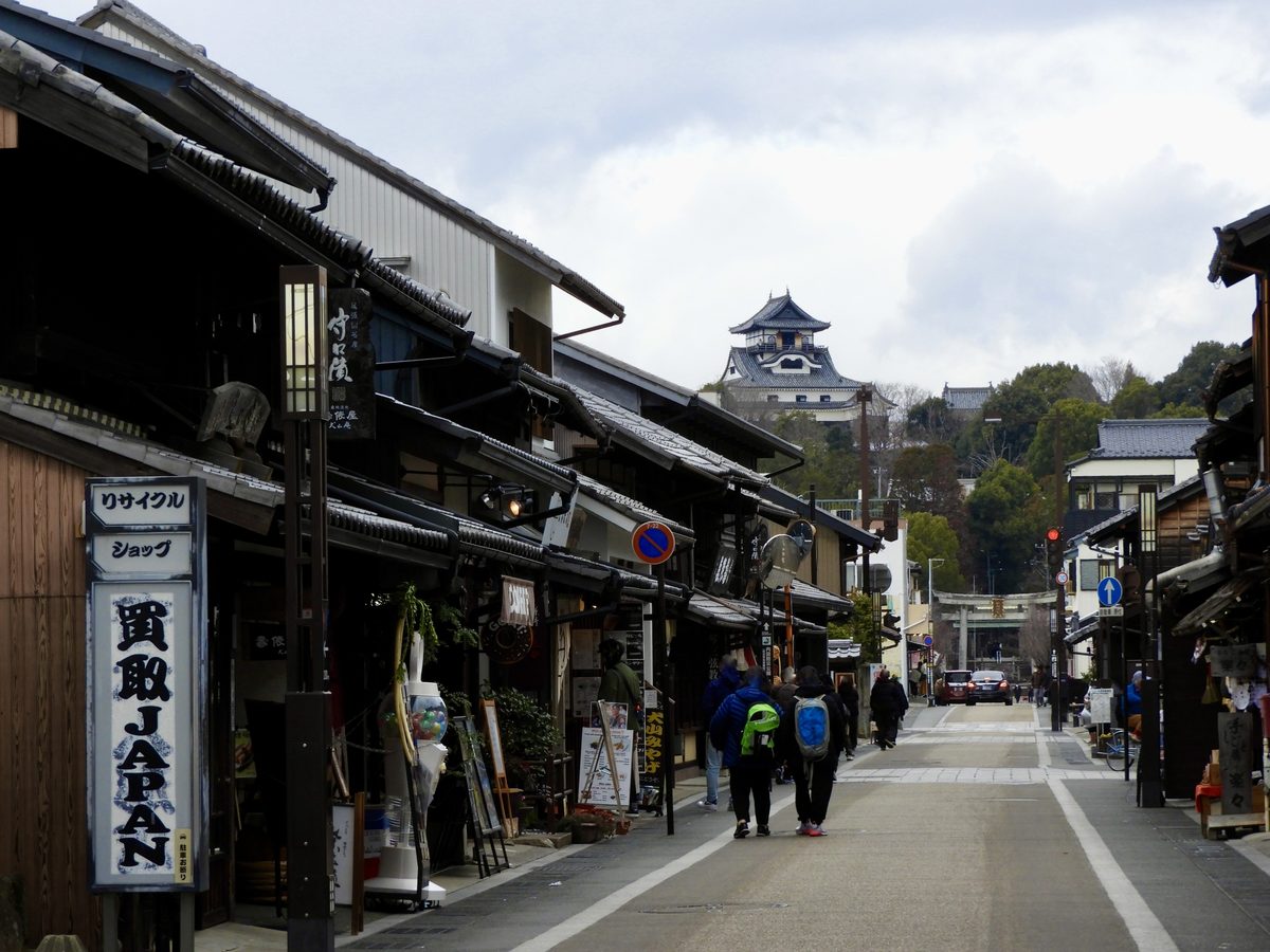 The old castle-town street of traditional shops, with the keep rising on the hill at its far end.