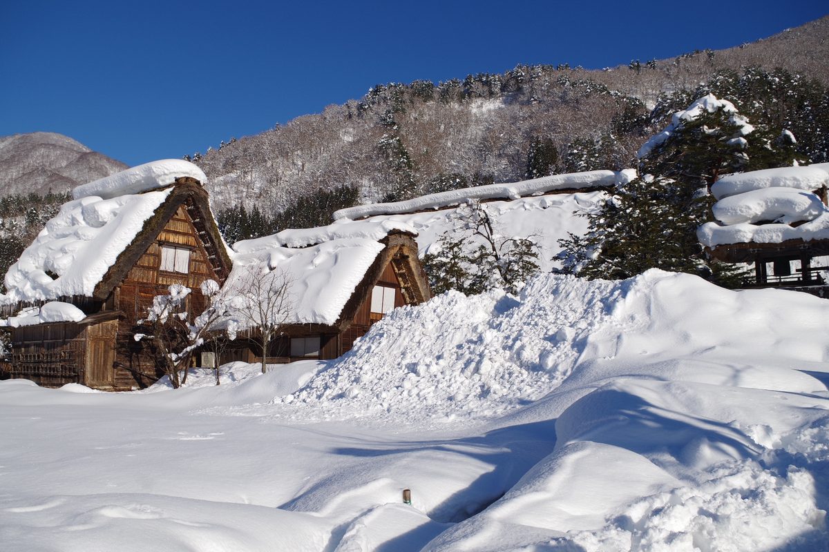 Thatched farmhouses buried in deep snow under a clear blue sky