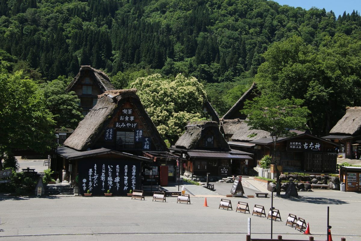 Thatched village houses and shops around the open square